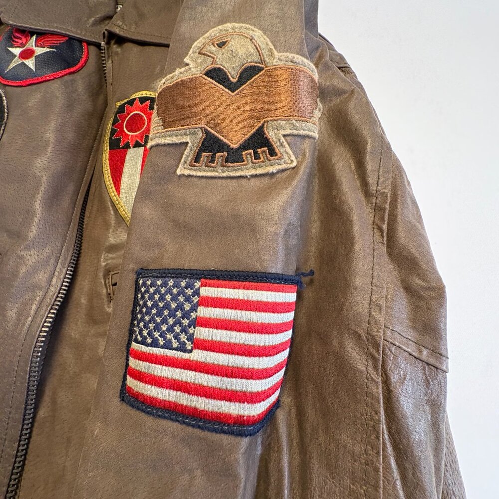 Vintage 80s Excelled Leather Bomber Jacket Patched Top Gun Flight A-2 Map Lining - Picture 9 of 12